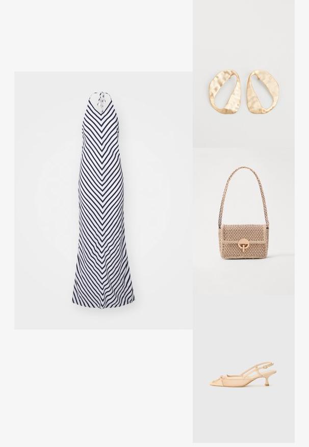 Rochie lungă cu dungi bleumarin și alb, având decolteu halter, model în zig-zag și un design fluid cu tiv rotund.; Stuart Weitzman KITTY - Pantofi clasici cu toc - beige/barely beige; Vanessa Bruno MOON - Geantă crossbody - beige/ivoire; O pereche de cercei din metal de culoare aurie, cu formă ovală neregulată, având o suprafață texturată, ușor ciocănită, pe un fundal alb.