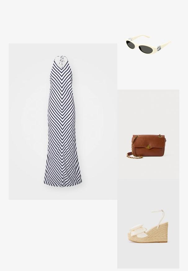 Námornícky modré a biele pruhované dlhé šaty s halterneckým výstrihom, chevron vzorom a splývavým dizajnom so zaobleným lemom.; Sandál na klinovom podpätku s prirodzenou jute platformou, krémovým textilným zvrškom a dvoma vrstvenými kvetinovými akcentmi; disponuje tenkým remienkom okolo členka s prackou.; Krémové slnečné okuliare s oválnymi šošovkami, čiernym zafarbením a kovovými logovými akcentmi na spánkoch. Hladká textúra, dizajn v štýle mačacích očí.; Hnedá kožená crossbody taška so skladacím uzáverom, zlatými kovovými detailmi a reťazovou rukoväťou. Hladký povrch, obdĺžnikový tvar, minimálne detaily.
