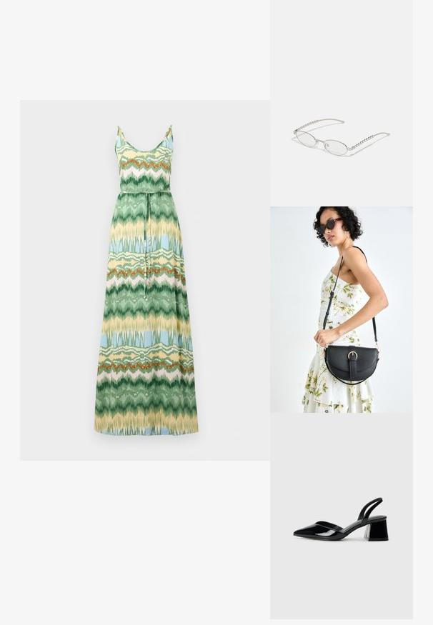 Maxi ruha pántokkal, zöld, sárga és kék mintával. Könnyű anyag, deréknál megkötő övvel.; Fekete lakk bőr szandálkés magas sarkú cipő, hegyes orral és geometrikus tömbsarkakkal. Karcsú, minimalista dizájn és sima textúra jellemzi.; Ovális szemüveg fém ezüst kerettel, átlátszó lencsékkel és texturált gyöngyös szárakkal. Könnyű kialakítás ívelt karokkal.; Fekete bőrtáska ívelt formával, levehető pánttal és arany színű fémrészekkel. A táskán egy csattal díszített fedél található.