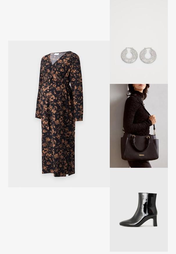 Graviditetskjole i sort stoff med et brunt blomster mønster. Har lange ermer og en knyte detalj i midjen for justerbar passform.; Sorte patentlær ankle boot med spiss tå og en mellomhøy blokkhelt. Glatt tekstur og minimalistisk design.; Svart håndveske med teksturert overflate, doble topphåndtak og justerbar skulderrem. Har detaljer i gulltone og sidelommer.; Sølv hoop øredobber prydet med flere klare krystallpynt, med en teksturert overflate og et åpent sirkulært design.