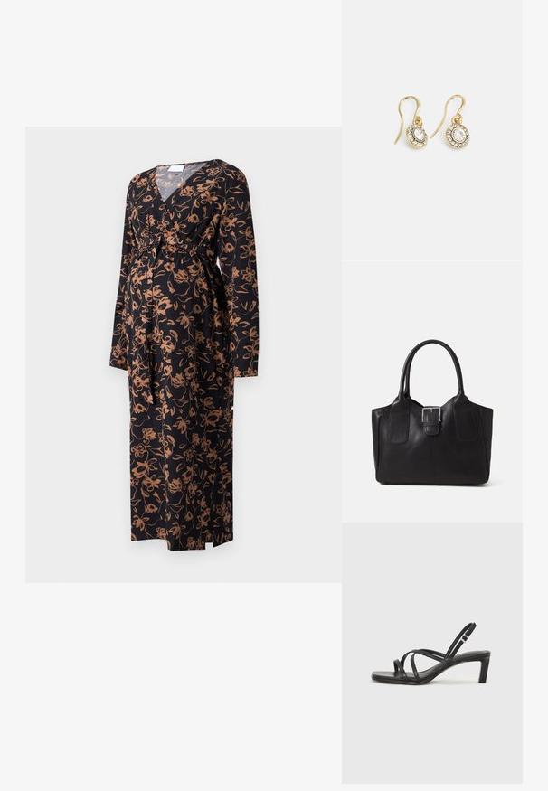Haljina za majčinstvo od crne tkanine s smešnim cvjetnim uzorkom. Ima duge rukave i detalj s vezivanjem u struku za prilagodljivu fit.; Crne sandale s trakama, kvadratnim prstom i niskom blok petom. Ima više tankih trakica i podesivu trakicu oko gležnja. Izrađene su od glatke kože.; Crna kožna torba za nošenje s glatkom teksturom, strukturiranim oblikom, dvije ručke i istaknutim srebrnim kopčanjem na prednjoj strani.; Zlatne naušnice s ovalnim prozirnim kristalima okruženim manjim prozirnim kamenčićima, s dizajnom na kuku za sigurno nošenje.