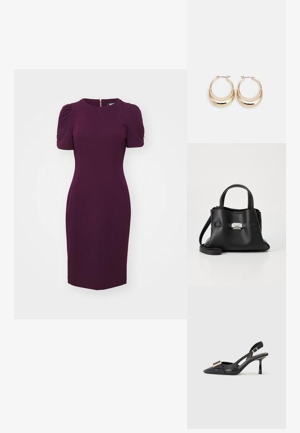 Plommefarget shiftkjole med korte pufferm, rund halslinje og gullknapper ved skuldrene. Glatt, strukturert stoff, knelengde.; Svart skinn slingback-sko med spiss tå, slank hæl og gullfarget detalj på vampen. Glatt tekstur og strukturert design.; Svart skinnveske med teksturert overflate, som har to håndtak på toppen, en avtagbar skulderrem og detaljer med sølvspenne.; Gulltonede hoop-øreringen med en halvmåneform, polert overflate og hengsel-lukking. Glatt tekstur og reflekterende finish øker synligheten.