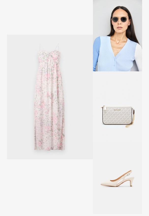 Maxi suknelė iš lengvos, permatomos medžiagos. Suknelėje yra gėlių raštas rožinės, violetinės ir žalios spalvų atspalvių. Su špageto petnešėlėmis, širdelės formos iškirpte ir raukiniais.; Balti slingback kulniukai su smailiu pirštu, lygia viršutine medžiaga, žemu blokuotu kulnu ir šoniniu išpjovimu su reguliuojamu sagtimi.; Apskriti saulės akiniai su tamsiais objektyvais ir auksiniais rėmeliais. Modelis vilki šviesiai mėlyną, raukinį kardiganą su mygtukais ir kontrastingomis baltomis rankovėmis.; Michael Kors rankinė smėlio spalvos dengto kanvoje su pakartotiniu MK logotipo raštu, auksinėmis detalėmis ir nuimamu grandininiu dirželiu.