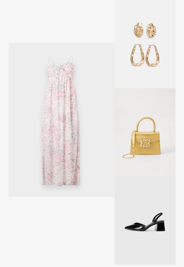 Maxi-jurk van lichtgewicht, doorschijnende stof. Heeft een bloemenpatroon in roze, paars en groen. Spaghetti-bandjes, sweetheart decolleté en geplooide details.; Zwarte gepatineerde leren slingback hakken met een spitse neus en een geometrische blokhak. Kenmerkt zich door een slank, minimalistisch ontwerp en een gladde textuur.; Geel faux-krokodillenhandtas met een gestructureerd ontwerp, bovenhandvat, afneembare kettingriem en decoratieve kristallen versiering op de sluiting.; Gouden oorbellen met een getextureerd, golvend ontwerp. Bevat sculpturale clip-on studs en een open ringontwerp met een gehamerd oppervlak.