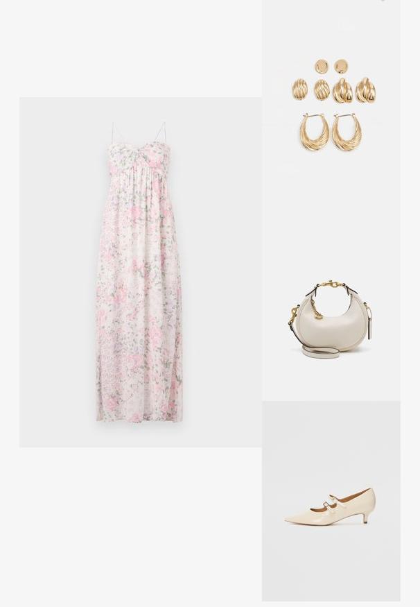 Rochie maxi dintr-un material usor si transparent. Prezinta un model floral in nuante de roz, mov si verde. Bretele spaghetti, decolteu in forma de inima si detalii pliate.; Pantofi Mary Jane din piele patent bej, cu două catarame ajustabile, vârf ascuțit și toc mic. Textură netedă cu un finisaj lucios.; Geantă de mână din piele crem, cu o formă de semilună, accesorii aurii, accente negre și o curea detașabilă. Are un detaliu cu lanț și eticheta.; Set de cercei aurii, care include trei perechi: cercei ovale texturate, cercei cu design ondulat și cercei mari tip cerc cu straturi de rigle.
