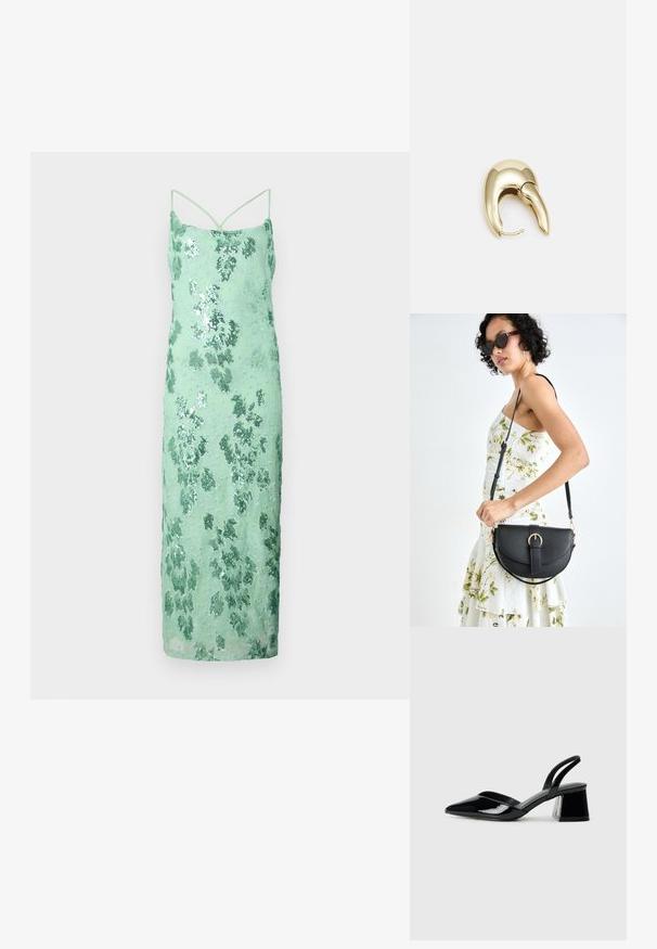Myntegrønn paljettkjole med kroppsnær passform, spagettistropper, blomstermønster og en jevn tekstur, som rekker til midten av leggen.; Svarte patentlær slingback hæler med spiss tå og geometrisk blokk hæl. Har et stilrent, minimalistisk design og jevn tekstur.; Svart lærveske med en buet form, avtagbar stropp og gullbeslag. Vesken har et klaff med spenne-detall.; Gullfarget metalløredobber med et elegant, buet design. Har en karakteristisk spiss form, polert overflate og hengsel-lukking.
