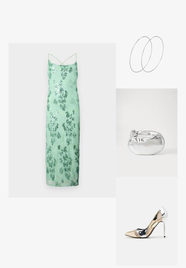 Mündroheline sädelev kleit kitsa keha tooni lõikega, õhukeste rihmadega, lillemustriga ja siledast tekstuurist, ulatudes keskele vasikani.; Kitsas toe kõrge kontsaga kingad, millel on hõbedane, kuldne ja nude värvilahendus. Läikiv viimistlus lõikekujundusega, stiletto konts.; Hõbedane metallikoti kott pehme, ümar kuju ja sõlme ülemise sulgemisega. Valmistatud siledast kunstnahast materjalist.; Hõbedased rõngastikkaehingad minimalistlikus disainis. Ümar kuju, sile tekstuur ja õhuke profiil. Kerged ning poleeritud viimistlusega.