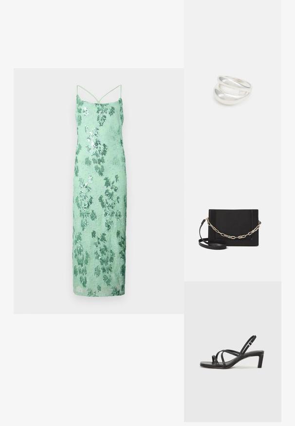 Mint zaļš sequined kleita ar pieguļošu piegriezumu, plānām siksniņām, ziedu rakstu un gludu tekstūru, līdz ceļgala garumā.; Melnas strappy sandales ar kvadrātveida purngaliem un zemu bloku papēdi. Ievērojamas ar vairākiem plāniem siksniņām un regulējamu potītes siksniņu. Izgatavotas no gludas ādas.; Melna ādas crossbody soma ar gludu faktūru, taisnstūrveida formu un metalizētu ķēdes detaļu priekšā. Iekļauta regulējama siksna.; Sudraba divu joslu gredzens ar gludu, pulētu virsmu. Iezīmējas ar plūstošu, izliekta dizaina struktūru ar pārklājošām sekcijām modernam izskatam.