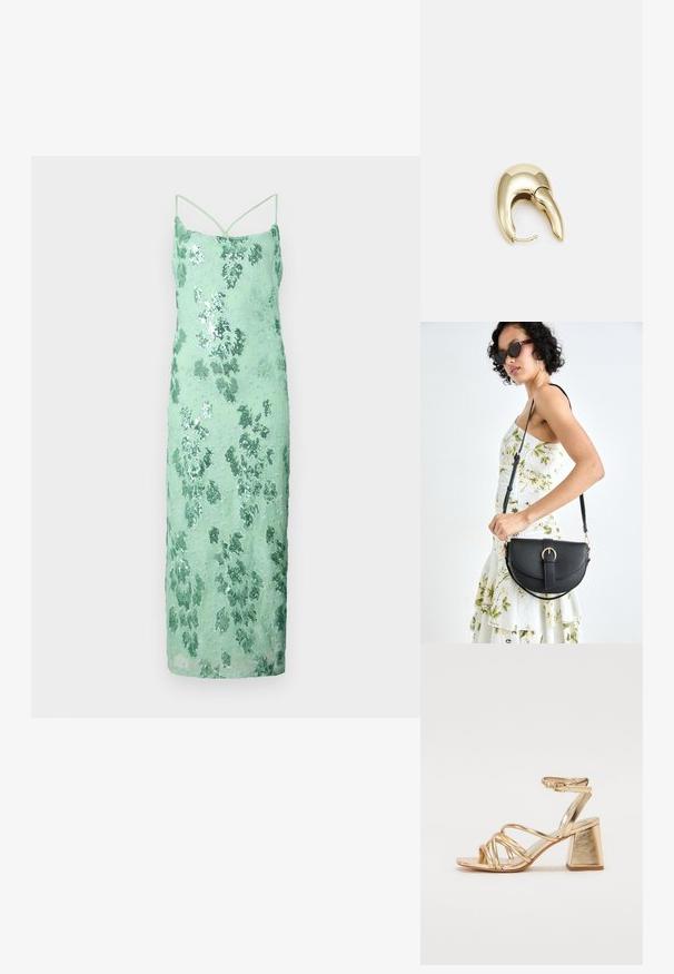 Mintgrünes, mit Pailletten besetztes Kleid in Bodycon-Passform, mit Spaghettiträgern, Blumenmuster und glatter Textur, das bis zur Mitte der Wade reicht.; Goldfarbene, metallisch glänzende Sandalen mit Absatz, die über ein verführerisches Riemen-Design, einen quadratischen Blockabsatz und einen verstellbaren Knöchelriemen mit Schnalle verfügen. Glatte Textur.; Schwarze Lederhandtasche mit geschwungener Form, abnehmbarem Tragegurt und goldenen Beschlägen. Die Tasche verfügt über einen Deckel mit einer Schnallen-Details.; Ohrringe aus goldfarbenem Metall mit einem schlanken, geschwungenen Design. Sie verfügen über eine markante, spitze Form, eine polierte Oberfläche und einen Scharnierverschluss.
