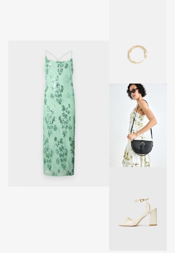 Mintgrünes, mit Pailletten besetztes Kleid in Bodycon-Passform, mit Spaghettiträgern, Blumenmuster und glatter Textur, das bis zur Mitte der Wade reicht.; Cremefarbene Sandalen mit Absatz, offener Spitze, dicker Blockabsatz, dünnem Knöchelriemen und subtil glänzender Oberfläche. Schnallenakzent am Riemen.; Schwarze Lederhandtasche mit geschwungener Form, abnehmbarem Tragegurt und goldenen Beschlägen. Die Tasche verfügt über einen Deckel mit einer Schnallen-Details.; Goldfarbener Ring mit einem organischen, gedrehten Design, glatter Oberfläche und sich verjüngenden Enden, was ein modernes, skulpturales Erscheinungsbild erzeugt.