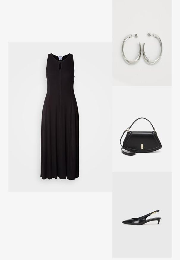 Juoda be rankovių maksi suknelė su rakto skylutės iškirpte, prigludusia liemene ir plačia sijonu. Audinys turi lygų paviršių su matomais siūlų detalėmis.; Juodas odinis pavasario batelių modelis su smailiu nosiu, turintis siaurą kulniuką ir auksinės spalvos akcentu reguliuojamoje juostoje. Lygi tekstūra.; Juoda odinė rankinė su struktūrizuotu dizainu, turi trumpą formą, viršutinę rankeną ir auksinius akcentus. Pridėtas reguliuojamas peties diržas.; Sidabriniai apvalūs auskarai su lygiu, išlenktu dizainu. Yra blizgus metalinis paviršius ir smeigtukų uždarymas. Nėra matomų raštų ar akcentų.