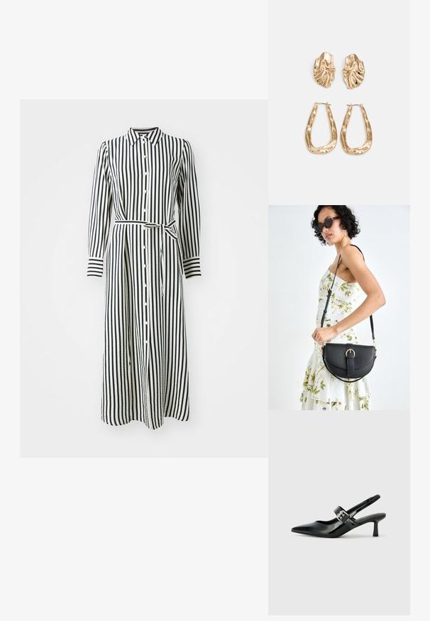 Vestido listrado com mangas longas, frente com botões e um cinto na cintura. Apresenta listras verticais pretas e brancas e um decote com colarinho.; Saltos slingback em verniz preto com bico pontiagudo e um pequeno salto bloco, apresentando um detalhe de fivela prateada na tira.; Bolsa de couro preta com forma curva, alça destacável e detalhes em dourado. A bolsa possui uma aba com detalhe de fivela.; Brincos em tom de ouro com formas onduladas e texturizadas. Inclui studs escultóricos com presilha e um design de argola aberta com um acabamento martelado.