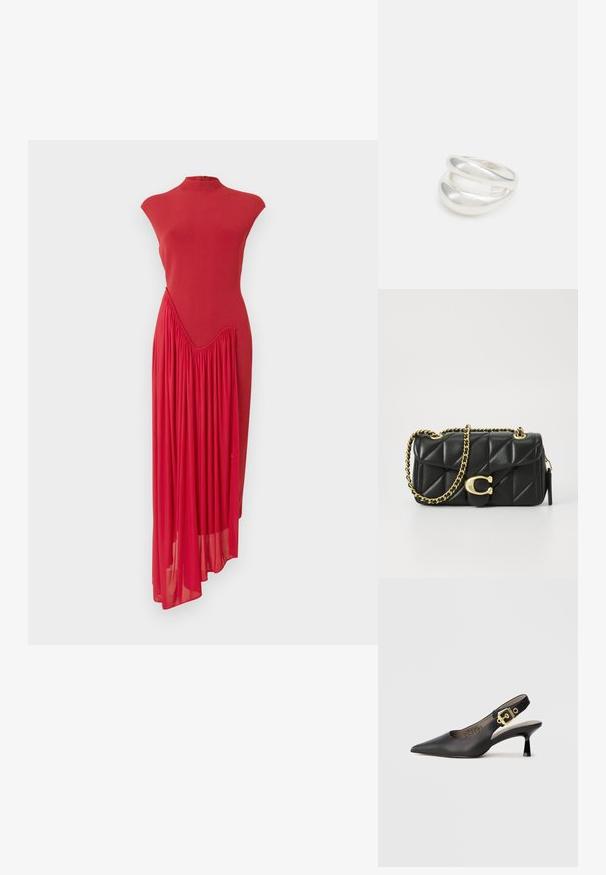 Rdeča obleka z visokim ovratnikom, oprijetim zgornjim delom in asimetrično ogrnjeno krilo. Izdelana je iz gladkega tkanine z tekočo teksturo na eni strani.; Črne slingback čevlje z visoko peto, z obliko koničastega prsta, gladko usnjeno teksturo in z zlatim pridihom na pasu.; Črna kviltana usnjena torbica z zlatim verižnim ročajem in zapiranjem z obročkom, ki ima okroglo okrasje. Kompaktna pravokotna oblika.; Srebrn dvojni prstan z gladko, polirano površino. Ima tekoč, ukrivljen dizajn z prekrivajočimi se sekcijami za sodoben videz.