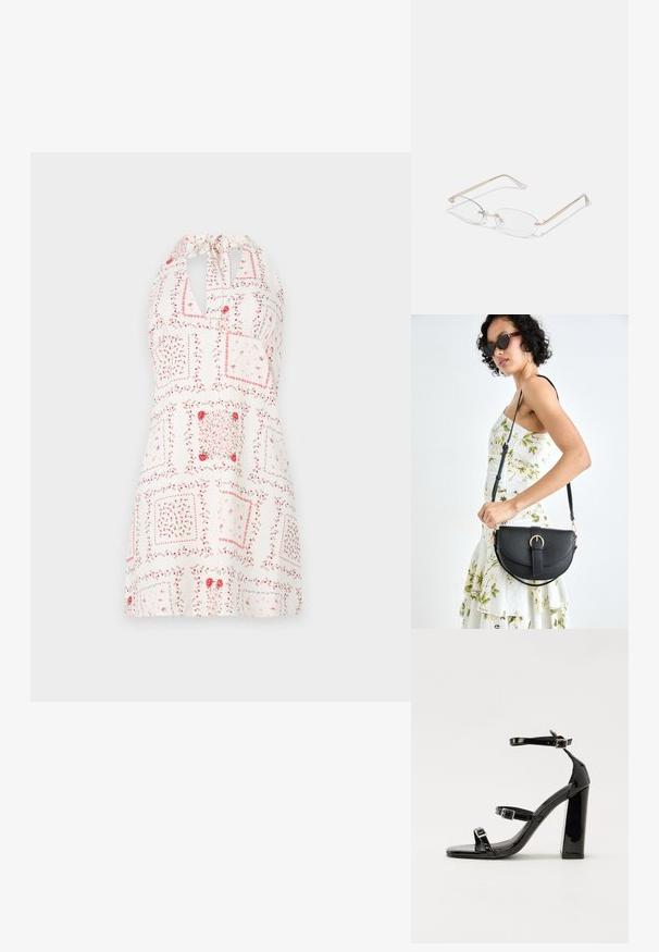 Bijela haljina s halter izrezom, s cvjetnim uzorkom u nijansama crvene i ružičaste, kvadratnim dizajnom i otvorom u obliku ključa na dekolteu.; Crne lakirane sandale na pete sa kvadratnim nosom, trakama oko gležnja i srebrnim kopčama. Imaju čvrst blok petu za stabilnost.; Zlatne metalne naočale s ovalnim lećama, tankim ručkama i prozirnim nosnim jastučićima. Ima diskretne naglaske na šarkama i prozirne leće.; Crna kožna torba s lukovitim oblikom, odvojivim remenom i zlatnim detaljima. Torba ima preklop s kopčom.