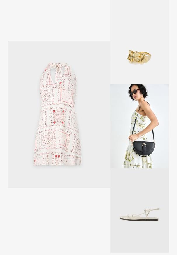 Valge kleit, millel on kaelus, lillemuster punase ja roosa tooni, ruudulised kujundid ning avaus kaeluse juures.; Bežid lame sandaal, millel on mitu peenikest rihma ja reguleeritav pandla. Tallal on lame pind, mille ääres on kerge tumedam kontrast.; Mustmust mustraha kõverate joontega, eemaldatava rihmaga ja kuldsete detailidega. Kotil on klapp, millel on pandladetail.; Kuldne sõrmus tekstureeritud, lainelise disainiga, millel on kolm silmapaistvat tippu. Sile, läikiv pind ja avatud riba, mis võimaldab reguleeritavat sobivust.