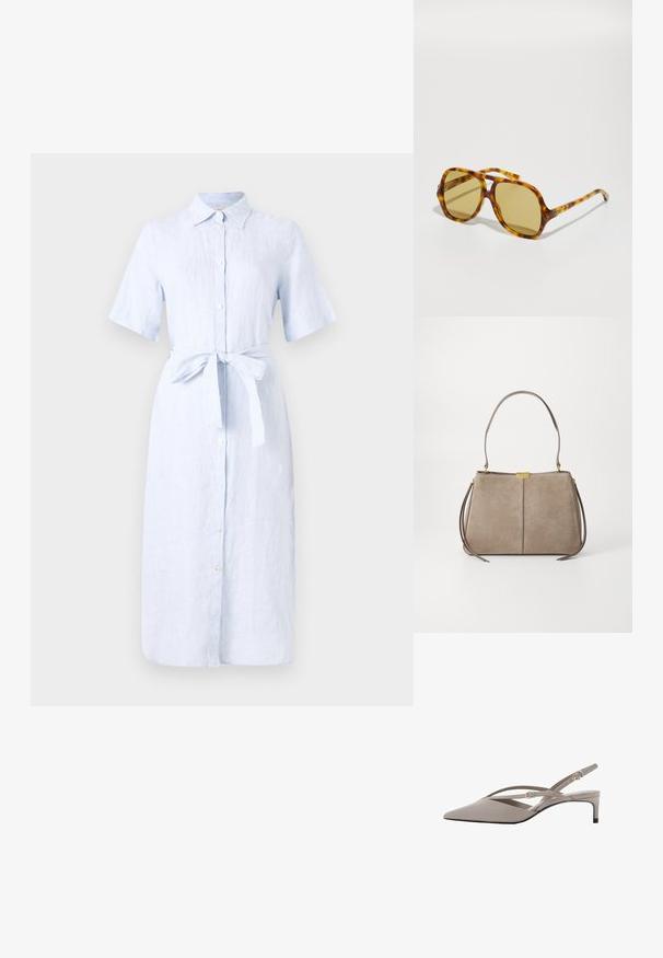 Abito camicia in lino azzurro chiaro con maniche corte, apertura frontale con bottoni e cintura annodata in vita. Tessuto leggermente testurizzato, design al ginocchio.; Tacchi slingback beige con punta affusolata, sottili cinturini incrociati e tacco a stiletto corto. Tessuto liscio con inserti in hardware dorato.; CHLOÉ CH0289S - Occhiali da sole - havana/green; Tommy Hilfiger CASUAL SHOULDER BAG - Borsa a mano - coastal taupe