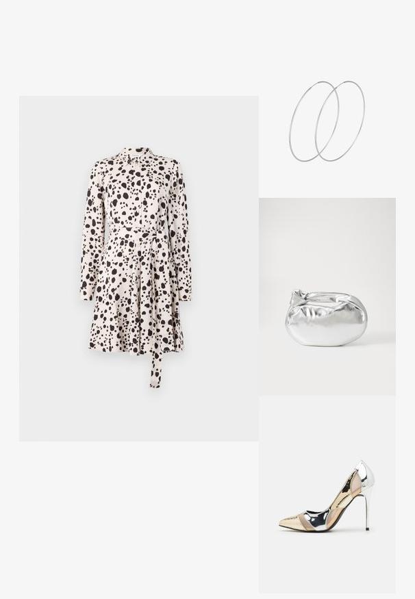 Gara piedurkņu krekla kleita gaismas bežā krāsā ar melnu punktiņu rakstu, ar pogām priekšā, jostas saitēm un izplestu svārku. Gluda auduma tekstūra.; Apspīlēta augstpapēžu kurpe ar zeltītu, sudrabi un neitrālu krāsu kombināciju. Spīguļojoša virsma ar izgriezuma dizainu, aprīkota ar stiletto papēdi.; Sudraba metāliska poga somiņa ar mīkstu, noapaļotu formu un mezgla augšējo aizdari. Izgatavota no gludas mākslīgās ādas materiāla.; Sudraba gredzenveida auskari ar minimālistisku dizainu. Cirkulāra forma, gluda tekstūra un plāns profils. Vieglu svaru ar spīdīgu apdari.