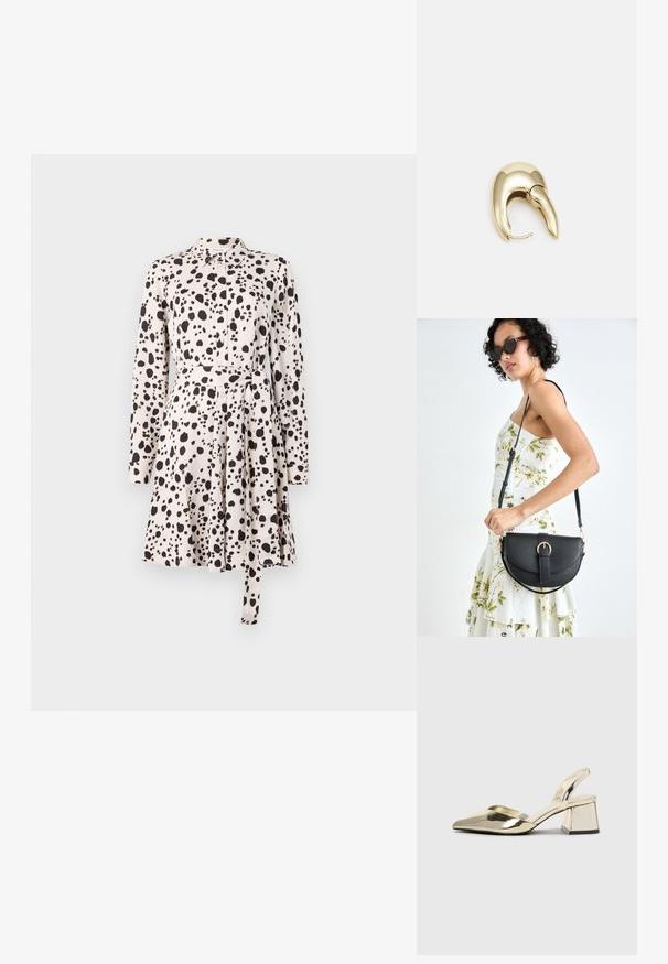 Dlhá riflová šaty s dlhým rukávom v svetlej béžovej farbe s čiernym bodkovaným vzorom, gombíková léga, opasok v páse a rozšírená sukňa. Hladká textúra látky.; Zlaté kovové lodičky na podpätku so špicatou špičkou a robustným podpätkom. Hladký povrch, minimalistický dizajn a úzka remienok.; Čierna kožená kabelka s zaobleným tvarom, odnímateľným popruhom a zlatými doplnkami. Kabelka má klopu s detailom s prackou.; Náušnice z kovu v zlatej farbe s elegantným, zakriveným dizajnom. Majú charakteristický špicatý tvar, leštený povrch a uzáver na pánt.