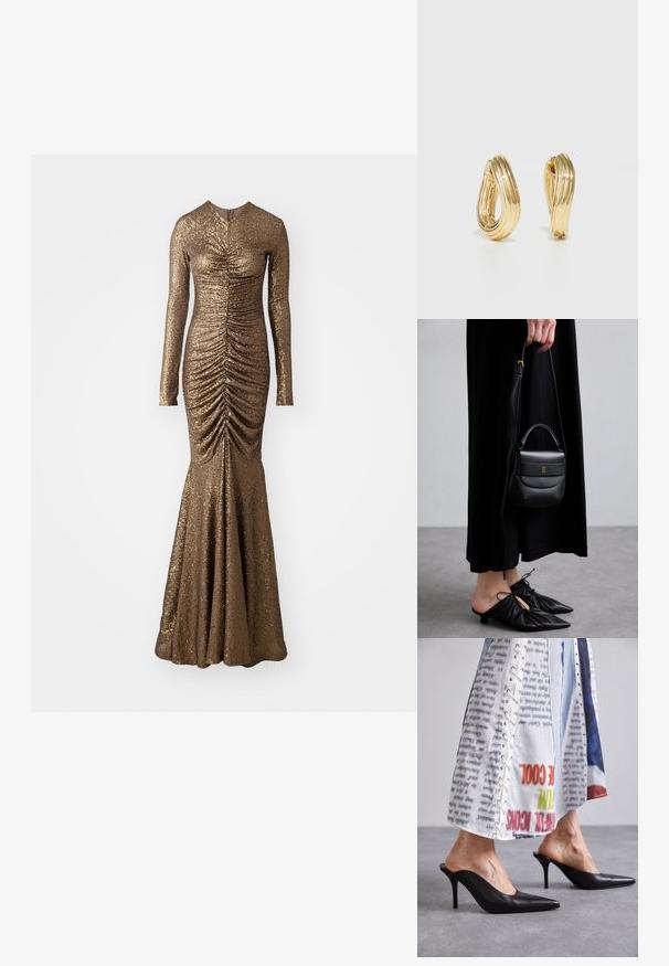 Dlhý rukáv, podlahová dĺžka šiat s trblietavými bronzovými flitrami, s riasením a priliehavou siluetou, rozširujúcou sa v spodnej časti.; Čierne kožené kliny s špicatou špičkou a ihlovým podpätkom, skombinované s bielym vzorovaným oblečením s detailmi na šnurovanie.; Malá čierna kožená kabelka zaobleného tvaru, s hornou rukoväťou a odnímateľným popruhom. Nosená s čiernymi látkovými šatami a čiernymi plisovanými topánkami.; Náušnice v zlatej farbe vo forme kruhu s točiacim sa dizajnom, s drážkovanou textúrou a hladkým povrchom. Ľahká a prázdna konštrukcia.