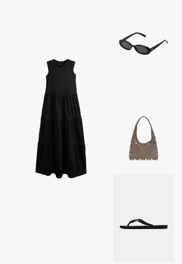Next - Sukienka z dżerseju; Czarne gumowe klapki z teksturowanym paskiem i prostą płaską podeszwą, przedstawione z boku na jasnym jednolitym tle.; Czarne, oversize okulary przeciwsłoneczne z owalnymi soczewkami, gładkim plastikowym mostkiem i złotymi akcentami na zausznikach. Ciemne soczewki zapewniają ochronę przed słońcem.; PULL&BEAR - Torba na zakupy