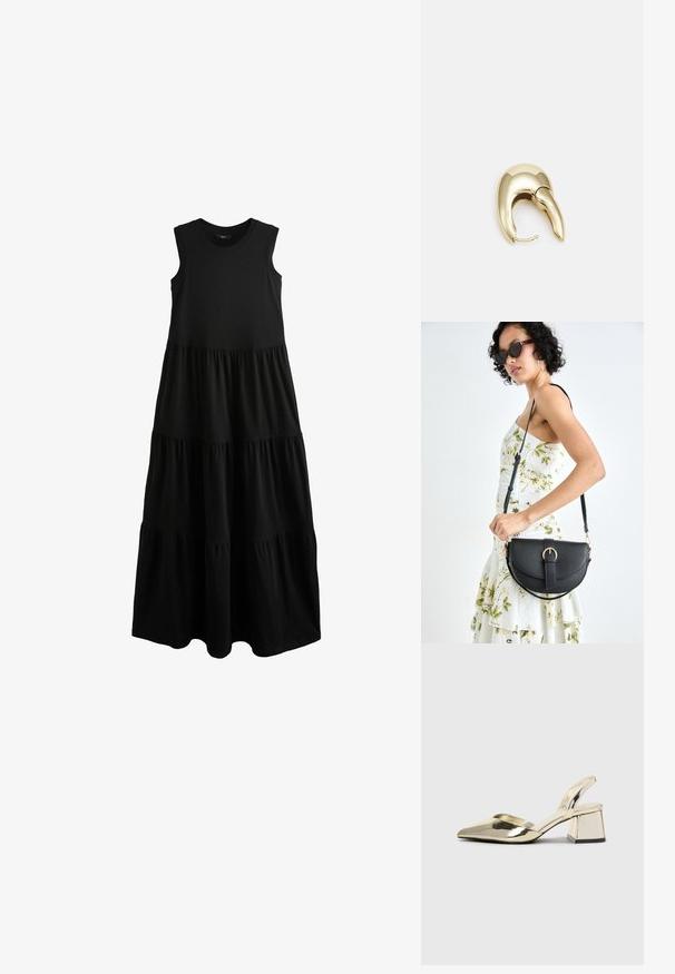 Next SLEEVELESS CREW NECK TIERED - Džersejové šaty - pitch black; Zlaté kovové lodičky na podpätku so špicatou špičkou a robustným podpätkom. Hladký povrch, minimalistický dizajn a úzka remienok.; Čierna kožená kabelka s zaobleným tvarom, odnímateľným popruhom a zlatými doplnkami. Kabelka má klopu s detailom s prackou.; Náušnice z kovu v zlatej farbe s elegantným, zakriveným dizajnom. Majú charakteristický špicatý tvar, leštený povrch a uzáver na pánt.