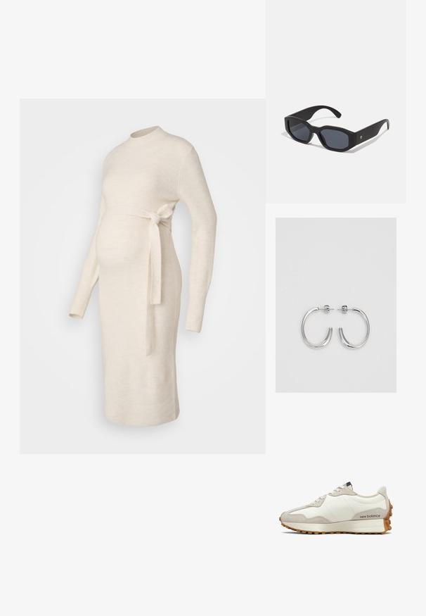 Rochie de maternitate de culoare crem, din tricot cu nervuri, cu mâneci lungi, decolteu rotund și detaliu cu șnur la talie. Textură netedă, design ajustat.; Pantof sport alb și bej cu partea superioară din piele netedă și accente din piele intoarsă. Prezintă șireturi rotunde, o talpă cu amortizare și o talpă exterioară din cauciuc texturat.; Ochelari de soare negri cu rame dreptunghiulare, finisaj mat, lentile întunecate și brațe ușor curbate. Accente subtile cu logo pe o ramă.; Cercei creole din argint cu suprafață netedă și lucioasă, având o formă curbată și închidere cu tija. Design minimalist cu un finisaj modern.