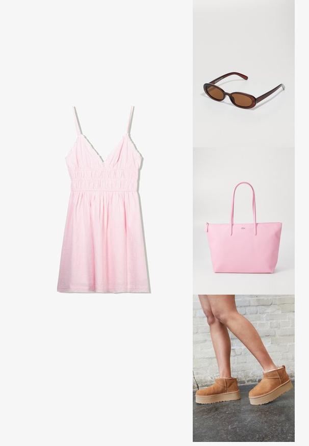 Bledá ružová bezrukávová šaty s hlbokým výstrihom do V, s smocked pásom a volánovými akcentmi pozdĺž ramienok. Tkanina sa zdá byť ľahká a textúrovaná.; Hnedé semišové kotníkové čižmy s mäkkou podšívkou, hrubou béžovou platformou a zadným pútkom na obutie. Textúrovaný povrch s viditeľnými švami.; Okrúhle slnečné okuliare s hnedým nádychom a lesklým burgundským rámom. Úzke ramená s jemným brandovaním. Plochej šošovky dizajn.; Ružová taška na rameno vyrobená z textúrového materiálu, so zvýraznenými dlhými užšími rúčkami a embosovaným logom na prednej strane. Zips na vrchnej strane.