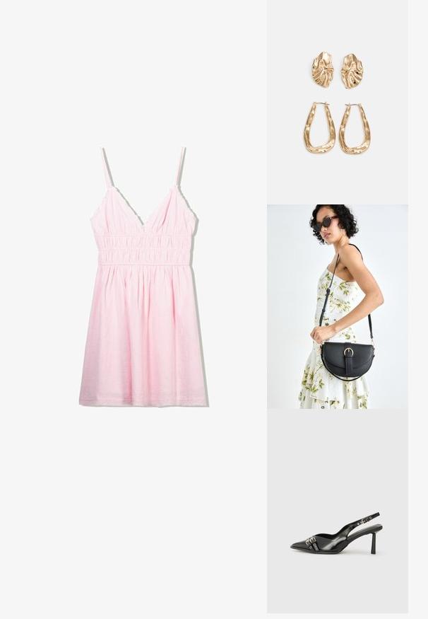 Lichtroze mouwloos jurkje met een diepe V-hals, gerimpelde taille en gerafelde accenten langs de bandjes. De stof lijkt lichtgewicht en textuur te hebben.; Zwarte gepolijste leren slingback schoenen met een puntige neus, enkelbandjes met zilveren gespen en hardware, en een slanke hak.; Zwarte leren handtas met een gebogen vorm, afneembare schouderband en gouden hardware. De tas heeft een klep met een gespsluiting.; Gouden oorbellen met een getextureerd, golvend ontwerp. Bevat sculpturale clip-on studs en een open ringontwerp met een gehamerd oppervlak.