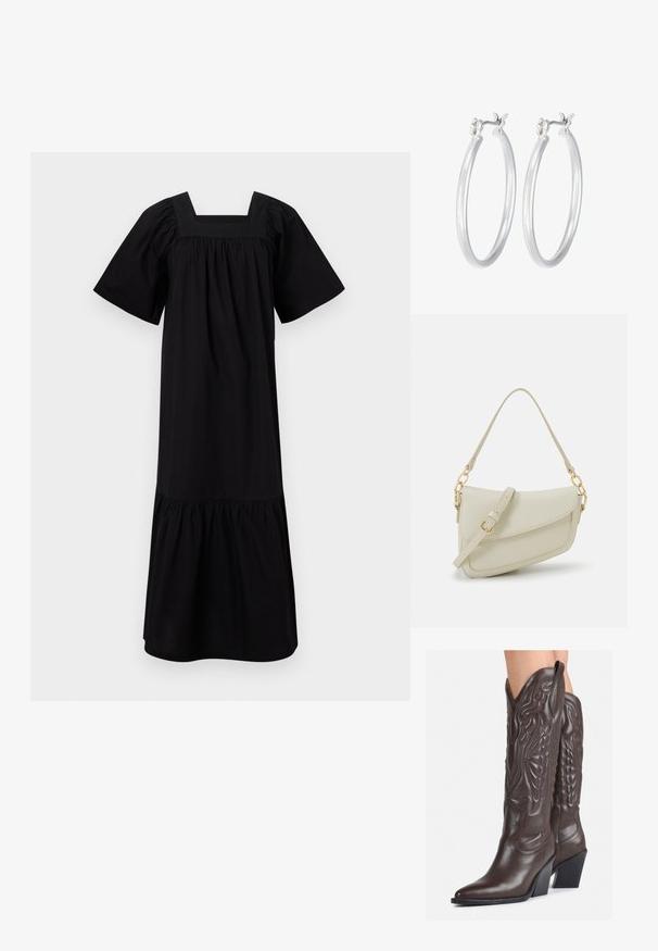 Vestido de algodón negro con escote cuadrado, mangas cortas abullonadas y un dobladillo en capas recogido. Textura lisa sin patrones ni adornos.; Botas de vaquero de cuero marrón con punta afilada y tacón cuadrado, que presentan costuras detalladas y acentos elevados en el caño.; Pequeño bolso de mano crema con un acabado texturizado, una correa larga y ajustable, un acento de cadena y cierre de solapa. Detalles en hardware dorado.; Pendientes de aro de plata con un acabado liso y pulido. Forma redonda y cierre de click seguro. Diseño ligero adecuado para el uso diario.