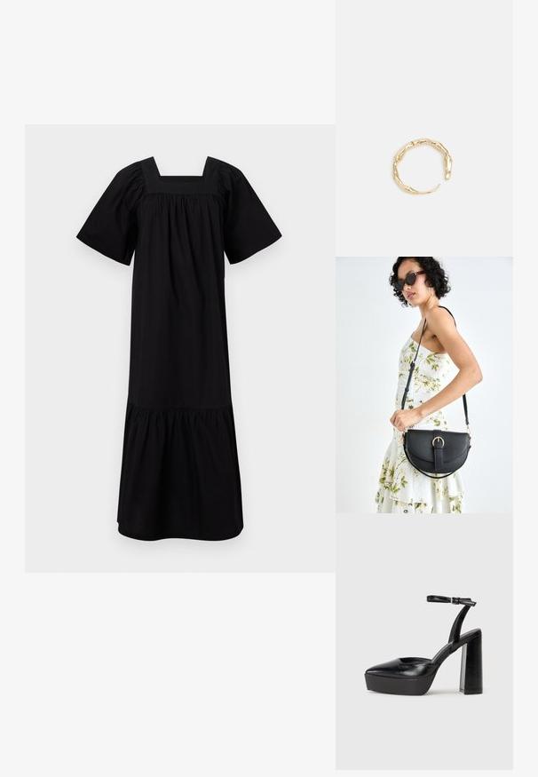 Črna bombažna obleka s kvadratnim izrezom, kratkimi nabranimi rokavi in zloženim robom. Enostavna tekstura brez vzorcev ali okrasnih elementov.; Črne platforme z visokimi petami in koničastim nosom ter nastavljivim gležnjenjskim trakom. Narejene iz gladke usnje, s kockasto peto.; Črna usnjena torbica s ukrivljeno obliko, z odstranljivo naramnico in zlatimi dodatki. Torbica ima pokrov s podrobnostmi v obliki zaponke.; Zlati prstan s organskim, zvitim dizajnom, gladko površino in taperiranimi konci, ki ustvarja modernega, skulpturalnega videza.