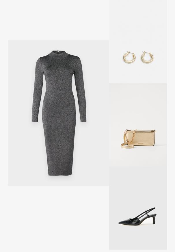 Ilga rankovė, švarkelio tipo suknelė, prigludusio silueto, pagaminta iš blizgios juodos medžiagos su subtilia blizgesio danga, krentanti šiek tiek žemiau kelių.; Juodai lakuoti slingback aukštakulniai su smailiu nosiu, su tekstūruotu gyvatės raštu, reguliuojama juosta ir trumpu, tekstūruotu blokiniu kulnu.; Metaliniu auksu padengtas odinis rankinukas su tekstūruotu paviršiumi, kuris turi auksinį grandinėlės dirželį ir nuimamą petį. Įspaustas prekės ženklas.; Lauren Ralph Lauren BASIC SMALL HOOP - Auskarai - gold-coloured