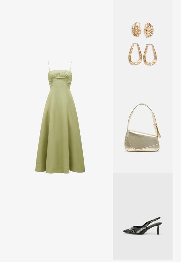 Zöld, midi hosszúságú ruha, jól illeszkedő bodiccsel, redőzött részletekkel a nyakvonalon és vékony pántokkal. Simító, könnyű anyag.; Fekete lakk bőr, hegyes orrú slingback cipő, boka pántokkal, ezüst csatokkal és hardverelemekkel, valamint karcsú sarkú.; Arany fémes kézi táska, strukturált dizájnnal, sima felülettel és állítható pánttal. Egyedi háromszög alakú, minimalistának mondható varrásokkal rendelkezik.; Aranyszínű fülbevalók, texturált, hullámos formákkal. Tartalmazza a szobrászati klipszes studokat és az open hoop kialakítást, kalapácsos felülettel.