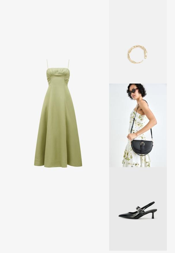 Vihreä, midi-pituinen mekko, jossa on tiukka vartalo-osa, rypytetty yksityiskohta kaula-aukossa ja ohuet hihnat. Sujuva, kevyt kangas.; Musta patenttinaahkakengät, joissa on osoittava kärki ja pieni lohko korko, varustettuna hopeisella soljella hihnassa.; Musta nahkainen käsilaukku, joka on kaareva muotoilultaan, irrotettavalla hihnalla ja kultaisilla yksityiskohdilla. Laukussa on läppä, jossa on solk yksityiskohta.; Kultaketju, jossa on orgaaninen, kierretty muotoilu, sileä pinta ja cappatut päät, luoden modernin, veistoksellisen ilmeen.