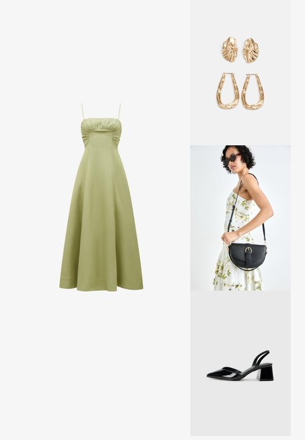 Grønn, midilengde kjole med tettsittende bodice, rynkedetalj ved utringningen og tynne stropper. Glatt, lett stoff.; Svarte patentlær slingback hæler med spiss tå og geometrisk blokk hæl. Har et stilrent, minimalistisk design og jevn tekstur.; Svart lærveske med en buet form, avtagbar stropp og gullbeslag. Vesken har et klaff med spenne-detall.; Gullfargede øredobber med teksturerte, bølgete former. Inkluderer skulpturelle klipsstuds og åpen hoop-design med en hamret finish.