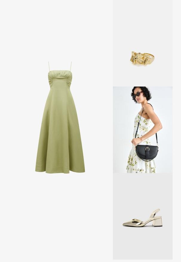 Zaļš midi garuma kleita ar pieguļošu ķermeni, savelkamu detaļu pie kakla un plānām siksnām. Gluda, viegla auduma.; Zeltaini, metāla kurpes ar siksniņām, norakans purngalis un masīla papēdis. Gluda tekstūra, minimālisma dizains un šaura siksna.; Melnas ādas rokassoma ar izliekta formu, noņemamu siksnu un zelta aksesuāriem. Somai ir vāciņš ar sprādzes detaļu.; Zelta gredzens ar teksturētu, viļņotu dizainu, kas rotāts ar trim izteiktām virsotnēm. Gluda, spīdīga virsma ar atvērtu joslu, lai to varētu pielāgot.