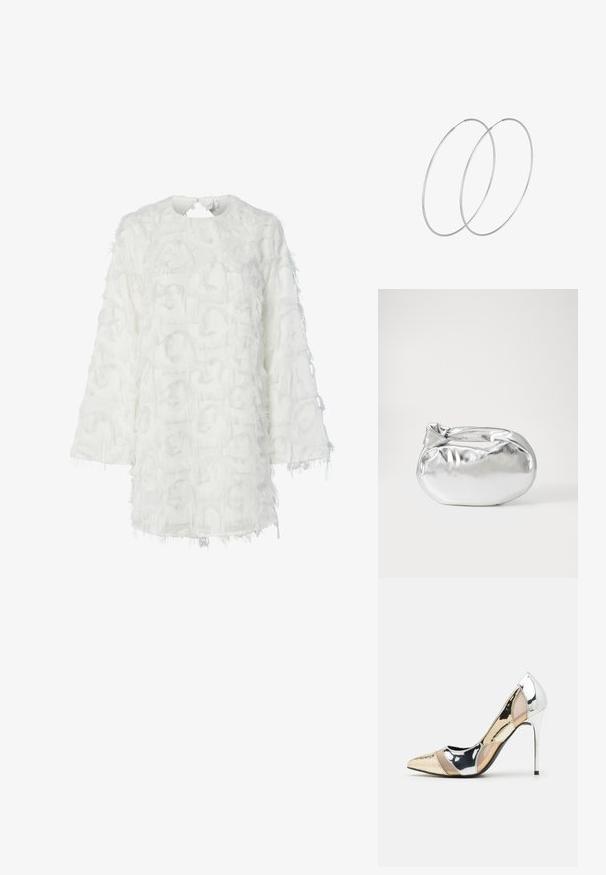 Bela, teksturirana bluza z raščenim zaključkom. Okrogli ovratnik, dolgi rokavi in plastni material, ki ustvarja 3D učinek z resicami.; Čevlji z visoko peto in konico, v barvni kombinaciji srebrne, zlate in nude. Sijajna obdelava z izrezljanim dizajnom, z igličasto peto.; Srebrna kovinska torbica z mehko, zaobljeno obliko in zavezano zgornjo zaporo. Narejena iz gladkega umetnega usnja.; Srebrne uhane v obliki obroča z minimalističnim dizajnom. Krožna oblika, gladka tekstura in tanek profil. Lahki s poliranim zaključkom.