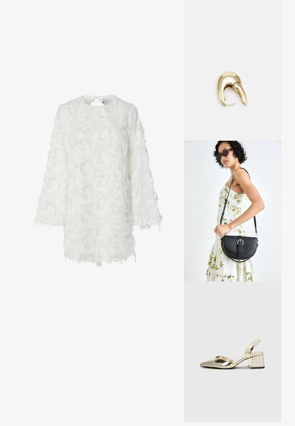 Top alb, texturat, cu un finisaj pufos. Decupaj rotund la gât, mâneci lungi și material stratificat care creează un efect 3D cu franjuri.; Pantofi cu toc slingback metalici aurii, cu vârf ascuțit și toc chunky. Textură netedă, design minimalist și o curea subțire.; Geantă din piele neagră, cu o formă curbată, curea detașabilă și accesorii aurii. Geanta are un capac cu un detaliu tip cataramă.; Cercei din metal de culoare aurie cu un design elegant și curbat. Prezintă o formă distinctivă, ascuțită, o suprafață lustruită și un sistem de închidere cu balama.