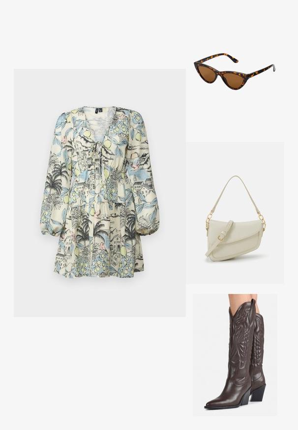 Šī īsās piedurknes kleita ir izgatavota no viegla auduma un rotāta ar krāsainu tropisko rakstu, kurā attēloti ēkas, augļi un putni. Tai ir V veida kakla izgriezums un pakāpenisks apakšmalas dizains.; Brūni ādas kovboju zābaki ar norādītu purngalu un blokveida papēdi, ar detalizētu šūšanu un paceltiem akcentiem uz kājas daļas.; Kaķa acs saulesbrilles ar melnu un oranžu bruņurupuču rakstu rāmi, brūnām lēcām un elegantiem, norādītiem galiem. Rāmī ir minimālists logos uz tempļa.; Maza krēmkrāsas rokas soma ar teksturētu apdari, garu regulējamu siksniņu, ķēdes akcentu un vāciņa aizdari. Zelta aparatūras detaļas.