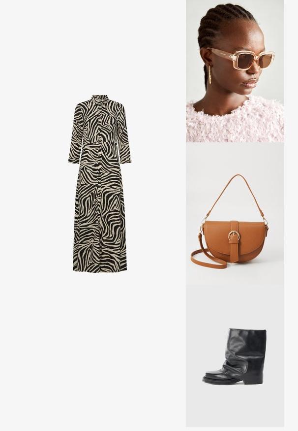 Vestido com padrão de zebra, mangas longas, colarinho, fecho frontal com botões e uma silhueta fluida nas cores preto e bege. Confeccionado em tecido leve.; Bota ankle de couro preto com um design desfalcado, bico quadrado, salto baixo e textura suave. Estilo minimalista, sem hardware visível.; Óculos de sol oversized em bege com armação transparente e lentes castanhas, apresentando acentos florais subtis e um design geométrico ousado.; Bolsa transversal de couro castanho com um formato curvado, ferragens douradas e um detalhe de fivela. Inclui uma alça de ombro destacável.