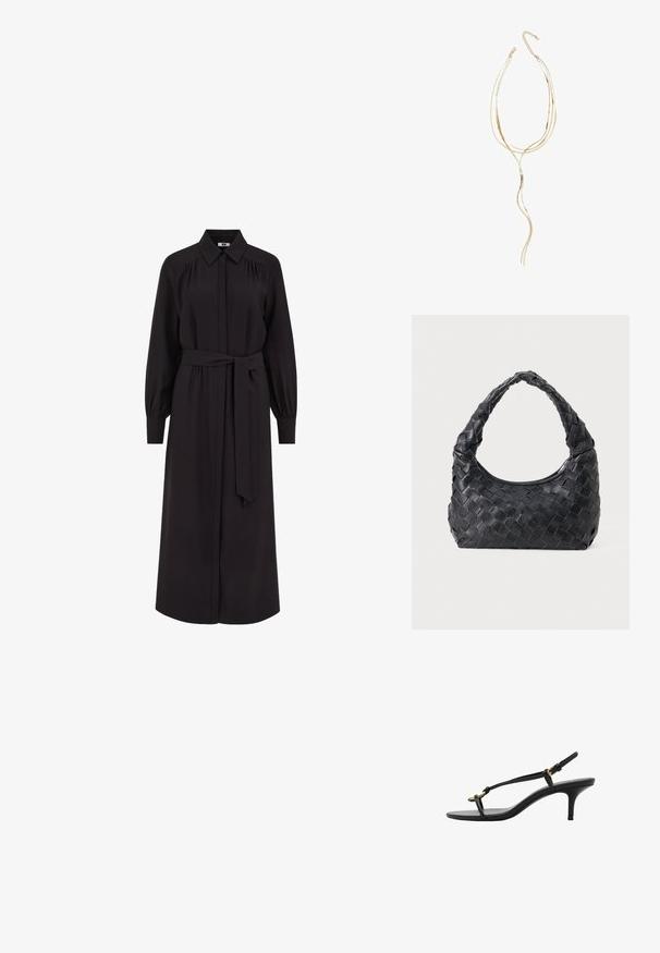 Dolga črna obleka s ovratnim izrezom, sprednjim gumbom, dolgimi napihnjenimi rokavi in pasom na vezanje. Narejena je iz gladkega materiala.; Črne usnjene sandale s kitten peto, tankimi trakovi, zlate zaponke in minimalistično zanko za prste na beli podlagi.; Črna usnjena torba za čez ramo z pletenim vzorcem, zaobljenim ročajem in oblika crescent na enobarvni podlagi.; Zlato večslojna ogrlica z valovitimi oblikami; ima gladko, odbojno metalno teksturo in nastavljiv ketni za prilagoditev dolžine.