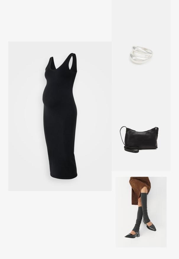 Črna rebrasta materinska obleka z V-izrezom in brezrokavnim dizajnom, oprijeta silhueta in dolžina do kolen. Mehka tekstura.; Črne lakirane čevlje s pointy prsti in blok peto ter z naramnicami za gleženj, ki jih kombiniramo s sivimi rebrastimi nogavicami in rjavim suknjičem iz usnja.; Črna usnjena torba čez ramo z gladko teksturo, ukrivljeno obliko, nastavljivim trakom in zadrgo. Minimalističen dizajn brez okrasnih detajlov.; Srebrn dvojni prstan z gladko, polirano površino. Ima tekoč, ukrivljen dizajn z prekrivajočimi se sekcijami za sodoben videz.