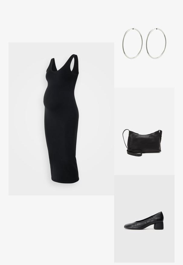 Crna rebrasta haljina za trudnice s V-izrezom i bez rukava, prilagođenog kroja te do koljena. Mekana tekstura.; Crna kožna pumpica s okruglim vrhom i srednje blok petom. Glatka tekstura s minimalnim detaljima, s suptilnim elastičnim otvaranjem.; Crna kožna torba na rame s glatkom teksturom, zakrivljenim oblikom, podesivim remenom i zatvaranjem na patentni zatvarač. Minimalistički dizajn bez ukrasa.; Srebrne kružne naušnice s glatkom, poliranom površinom. Kružni oblik, dosljedna širina, dizajnirane za laku kopču. Jednostavne i elegantne.
