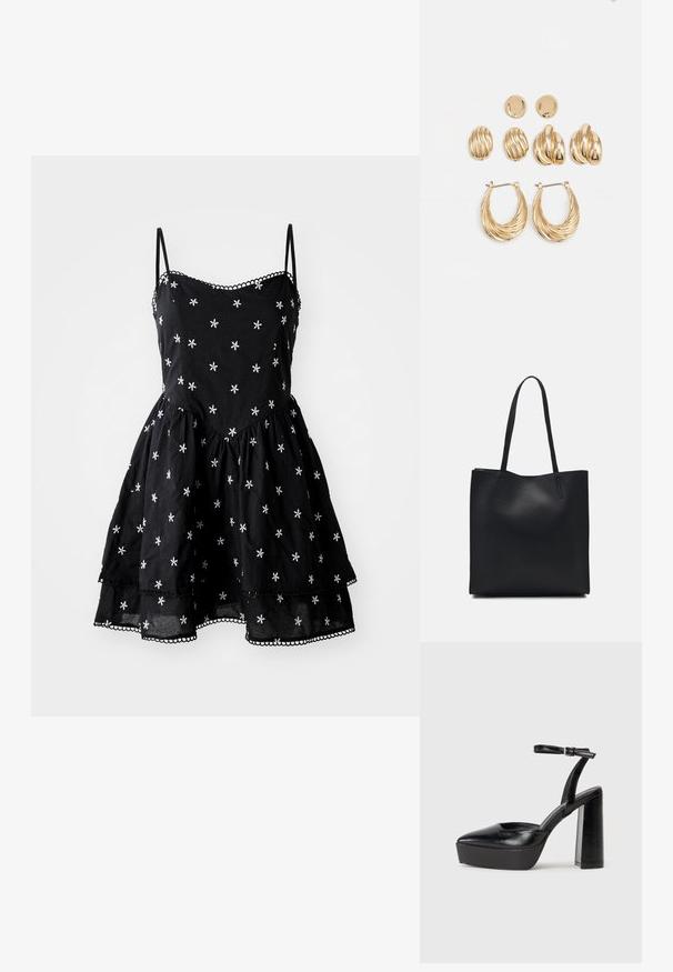 Čierne bavlnené šaty s bielou kvetinovou výšivkou, s ramienkami na spaghetti, rozšírenou sukňou a zubatým lemovaním pod švom.; Čierne platformové podpätky so špicatou špičkou a nastaviteľným členkovým remienkom. Vyrobené z hladkej kože a so robustným blokovým podpätkom.; Čierna kožená taška na rameno s hladkým povrchom, obdĺžnikovým tvarom a dvoma dlhými uchami. Bez viditeľného kovania alebo ozdôb.; Sada náušníc v zlatej farbe, ktorá obsahuje tri páry: textúrované oválne naušnice, naušnice so zvlneným dizajnom a veľké kruhové náušnice s vrstvenými drážkami.