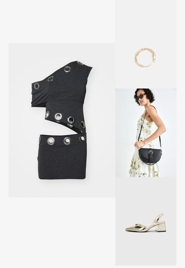 Asymmetriska mörkgrå topp med en axel-design, prydd med metallöglor längs fållen och sidan för extra detalj och textur.; Kultaiset, metalliset slingback-kengät, joissa on teräväkärkiset ja paksut korot. Sileä pinta, minimalistinen muotoilu ja kapea hihna.; Musta nahkainen käsilaukku, joka on kaareva muotoilultaan, irrotettavalla hihnalla ja kultaisilla yksityiskohdilla. Laukussa on läppä, jossa on solk yksityiskohta.; Kultaketju, jossa on orgaaninen, kierretty muotoilu, sileä pinta ja cappatut päät, luoden modernin, veistoksellisen ilmeen.