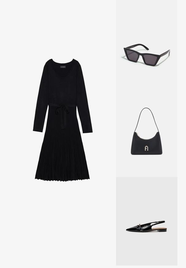 Fekete ruha hosszú ujjakkal, kerek kivágással és övvel ellátott derékkal. Bordázott textúrával és fodros, lebegő szoknyával rendelkezik.; Fekete lakk bőr szandálcipő hegyes orral, minimalista dizájnnal, kis sarokkal és ezüst csattal a pánton.; Fekete, szögletes napszemüveg szürke lencsékkel; műanyagból készült, vastag karokkal, sima felülettel és látható hardver nélkül.; Fekete válltáska sima anyagból, ívelt formával, arany cipzárral és arany fóliázott logóval az elején.