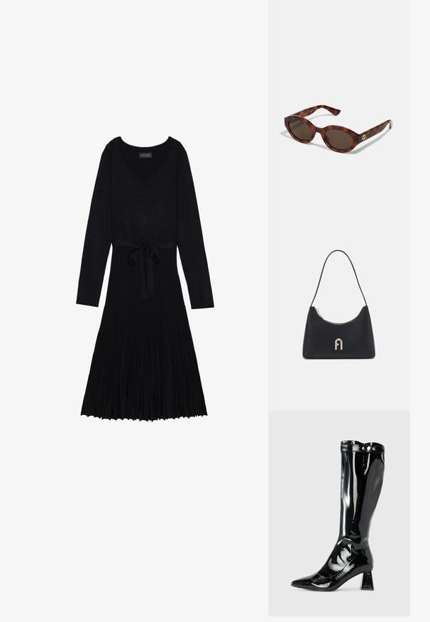 Melna kleita ar garām piedurknēm, apaļu kakla izgriezumu un jostu viduklī. Raksturo ribota tekstūra un plūstošs, plisēts svārki.; Melnas patentā ādas ceļgalu zābaki ar smailu purngalu, ģeometrisku bloku papēdi un spīdīgu apdari, ar dekoratīvu pogu akcentu augšējā daļā.; Tortoise krāsas saulesbrilles ar noapaļotiem ietvariem, tumšiem stikliem un zelta logotipa detaļām uz tempļiem. Gluda plastmasas materiāls, bez redzamām rakstu formām.; Melnas plecu soma, izgatavota no gludas materiāla, ar izliekta forma, zelta rāvējslēdzis un zelta iespiests logo akcentu priekšpusē.