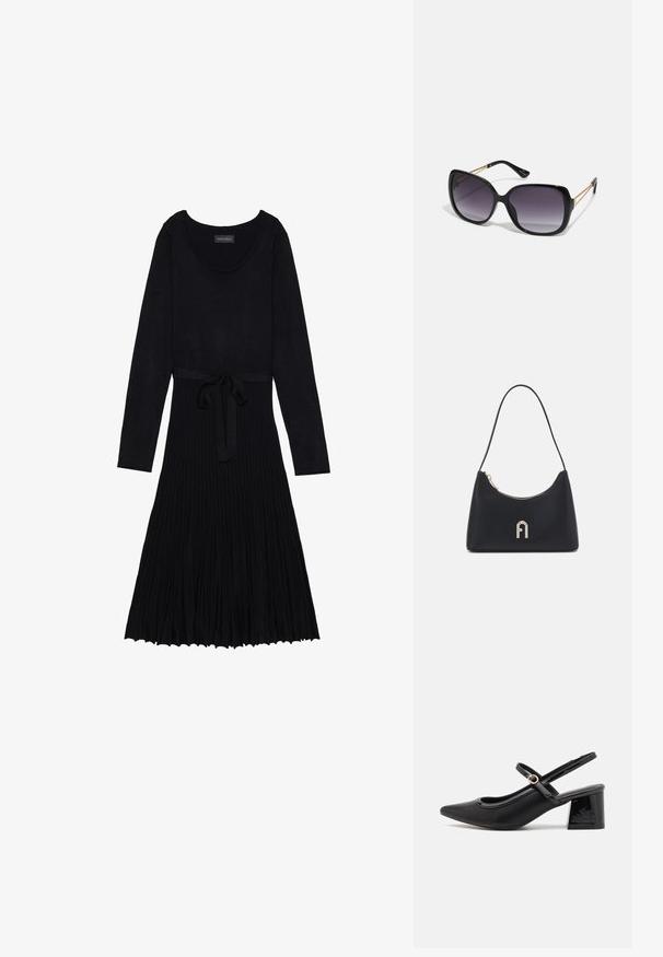 Schwarzes Kleid mit langen Ärmeln, Rundhalsausschnitt und tailliertem Design. Hat eine gerippte Textur und einen schwingenden, gefältelten Rock.; Schwarze Lackleder-Slingback-Absätze mit spitzer Zehenform, einem runden Ausschnitt-Design und einem Blockabsatz. Mit einem goldfarbenen Schnallenakzent.; Schwarze übergroße Sonnenbrille mit getönten Gläsern, dicken Rahmen und goldfarbener Kettendetaillierung an den Bügeln.; Schwarze Schultertasche aus glattem Material, mit geschwungener Form, goldenem Reißverschluss und einem goldenen, geprägten Logo-Akzent auf der Vorderseite.