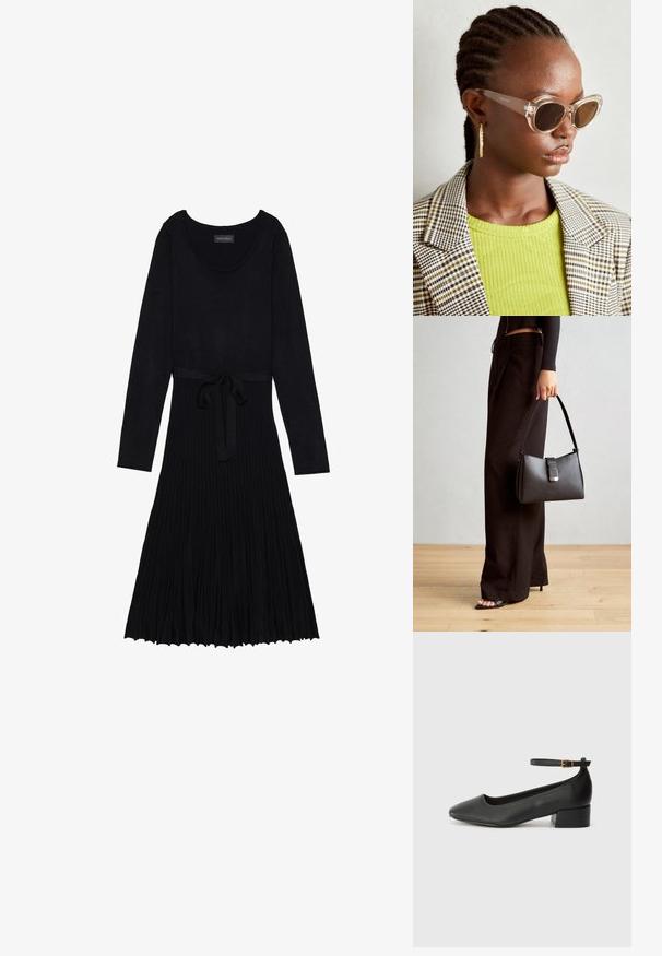 Rochie neagră cu mâneci lungi, decolteu rotund și un design cu talie marcata de o curea. Prezintă o textură cu nervuri și o fustă evazată și plisată.; Pantof cu toc negru din piele, cu vârf ascuțit și toc mic pătrat. Dispune de o curea la gleznă cu o cataramă în tonuri de aur. Textură netedă.; Ochelari de soare stil cat-eye, cu lentile maro și rame transparente. Model purtând un top verde cu textură ribbed și un sacou în carouri. Cercei rotunzi din aur.; Genți negre cu o formă structurată, textură netedă și un închizător metalic. Asortată cu pantaloni negri largi și sandale cu vârf deschis pe un podea din lemn.
