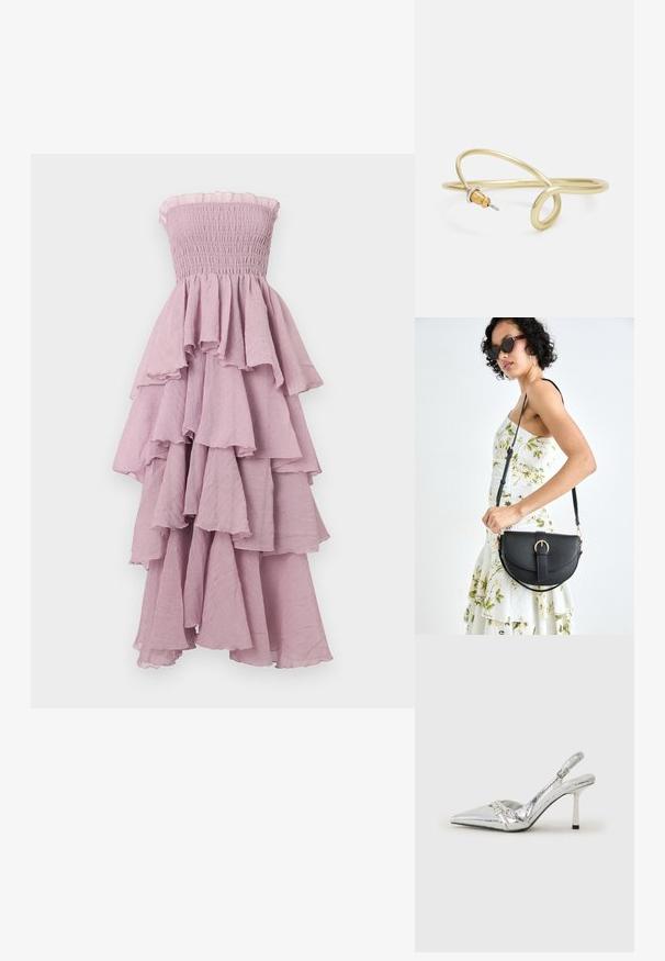 Šaty bez ramienok z fialkového smockovaného materiálu s vrstvenými volánmi, prúdiacou textúrou a rozšíreným lemom; ľahký materiál.; Strieborné slingback lodičky na vysokom opätku s špicatou špičkou, metalickým povrchom, dvoma dekoratívnymi pruhmi a štíhlym opätkom s čiernym hrotom.; Čierna kožená kabelka s zaobleným tvarom, odnímateľným popruhom a zlatými doplnkami. Kabelka má klopu s detailom s prackou.; Náušnica zo zlato sfarbeného kovu s plynulým, zakriveným dizajnom. Na jednom konci je malý, výrazný strieborný akcent.