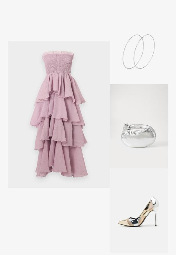 Bezelis, smulkiai raukšlėtas levandų spalvos suknelė be petnešų, su sluoksniais volanais, tekanti tekstūra ir išplatėjusia apatine dalimi; lengva medžiaga.; Aštrus pirštas aukštakulnis batelis su sidabro, aukso ir nuogų spalvų deriniu. Blizgus paviršius su išpjovos dizainu, su stiletto kulnu.; Sidabrinė metalinė maišelio forma su švelnia, apvalia forma ir mazgu užveriamu viršumi. Pagaminta iš lygios dirbtinės odos medžiagos.; Sidabrinės pusmėnulio auskarai minimalistiniu dizainu. Apskritimo forma, lygus paviršius ir plonas profilis. Lengvi su poliruotu apdailu.